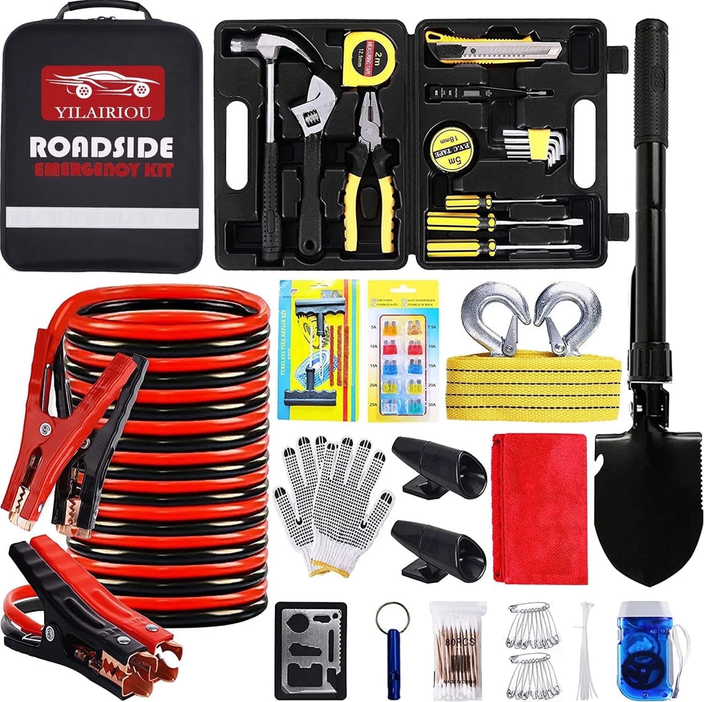 Car Emergency Roadside Kit - Roadside Assistance Emergency Kit, Car Emergency Kit with Jumper Cables, Safety Kits for Cars,Folding Shovel, Tow Rope,Car Tool Kit