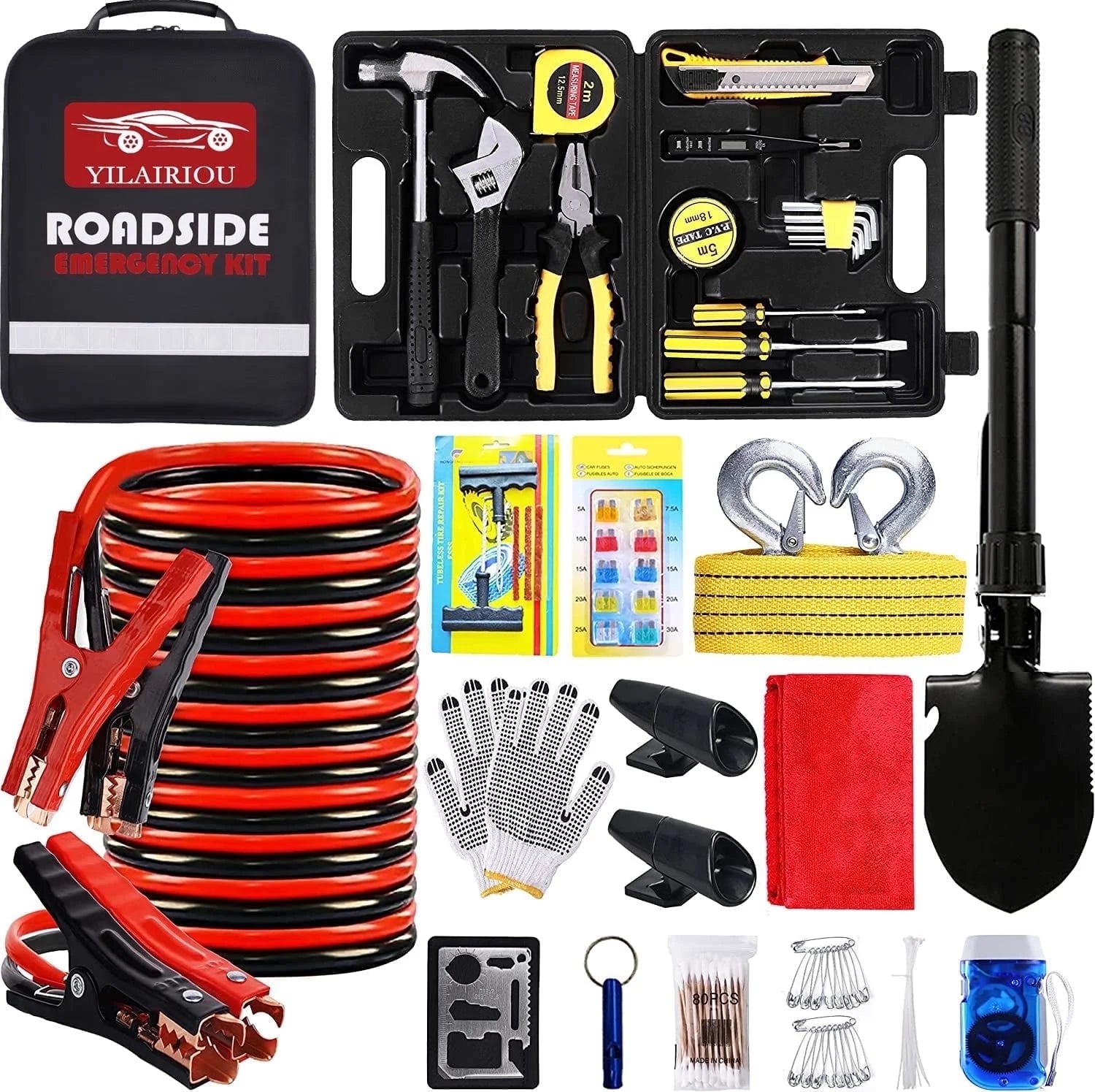 Car Emergency Roadside Kit - Roadside Assistance Emergency Kit, Car Emergency Kit with Jumper Cables, Safety Kits for Cars,Folding Shovel, Tow Rope,Car Tool Kit