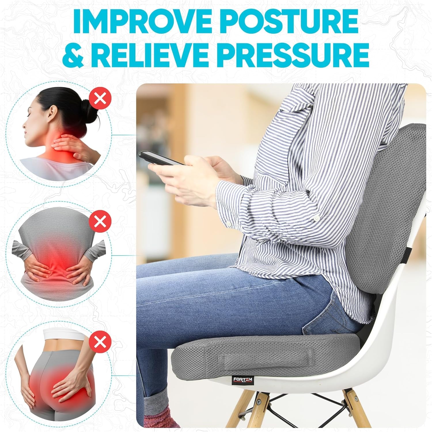 Seat Cushion, Office Chair Cushion, Lumbar Support Pillow for Office Chair, Memory Foam Sciatica Coccyx Tailbone Pressure Pain Relief, Car Sitting Pad, Washable Non Slip