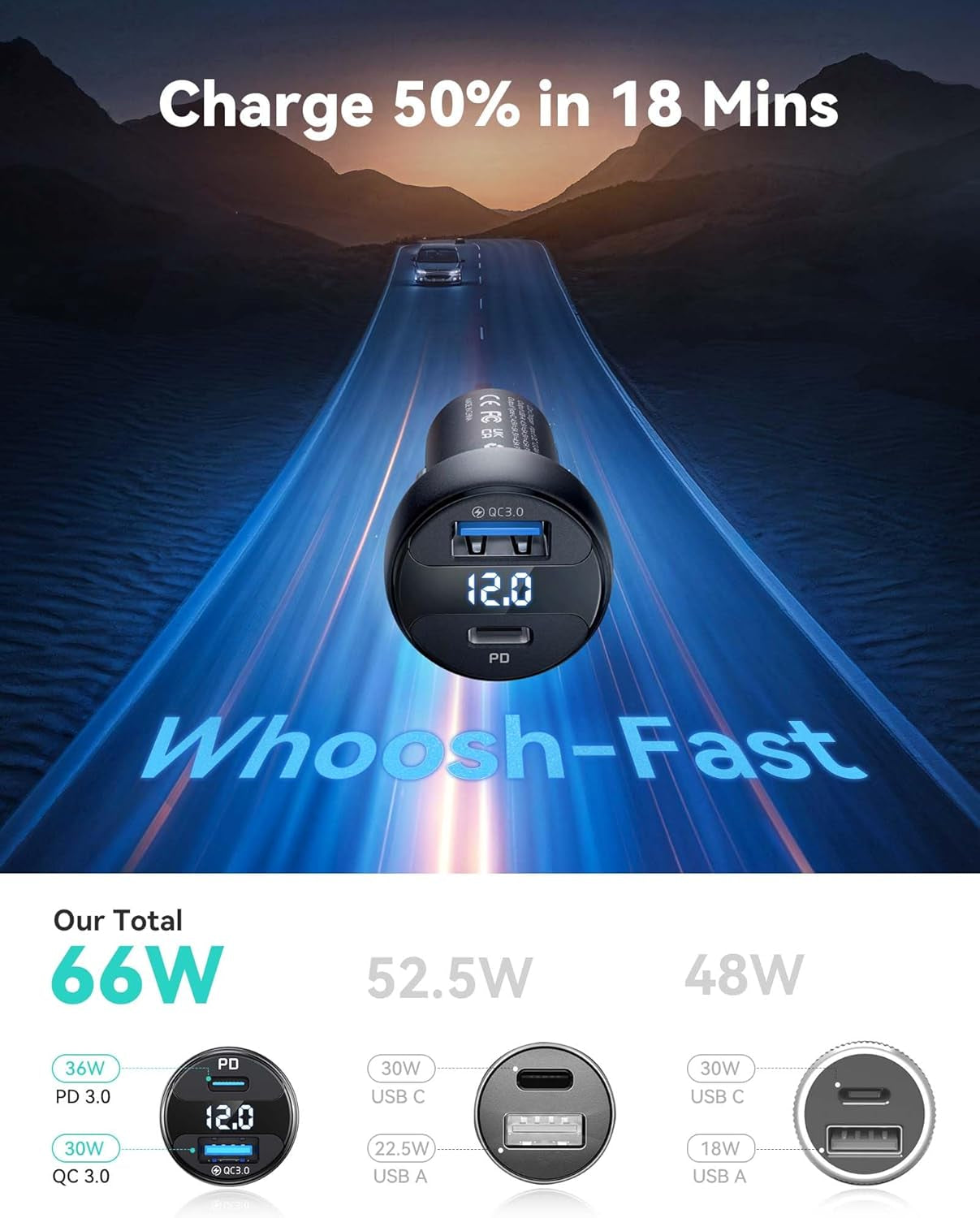 USB C Car Charger, 66W Total [USB C+USB A] Car Charger Adapter with PD & QC, Fast Charging All Metal Tiny Car Phone Charger for Iphone 16 14 13 12 11 Pro Samsung S21 Pixel Ipad Macbook Air Tablet