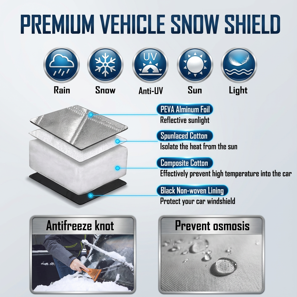 Premium 4-Layer Car Windshield Snow and Ice Cover with Magnetic Edges for All-Weather Protection