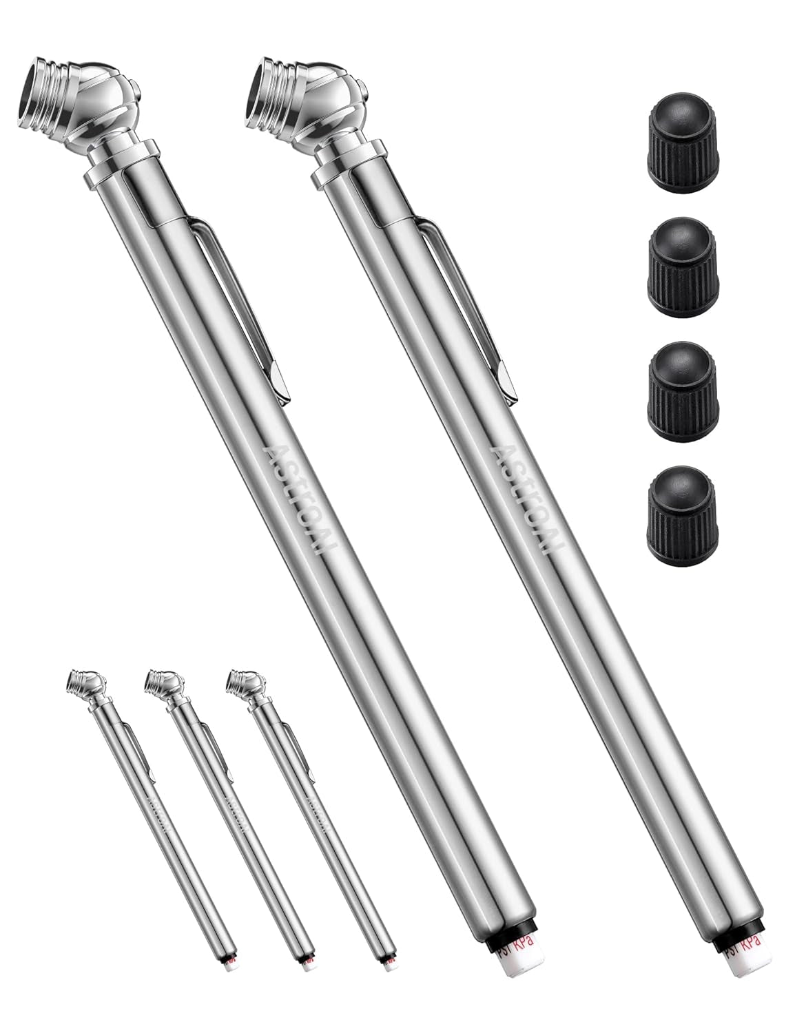 Pencil Tire Pressure Gauge 2 Pack (10-75PSI, ±2% Span), Air Pressure Gauge for Tires, Stainless Steel Body, and Metal Made Nozzle 3 Measurements for Cars, Bikes, Vehicles